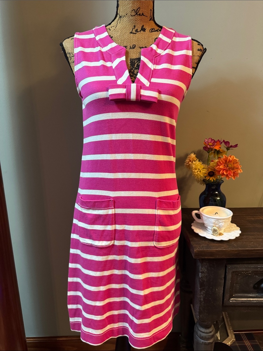 Kate Spade Pink and White Striped Sleeveless Dress with Bow Detail. Size Small.